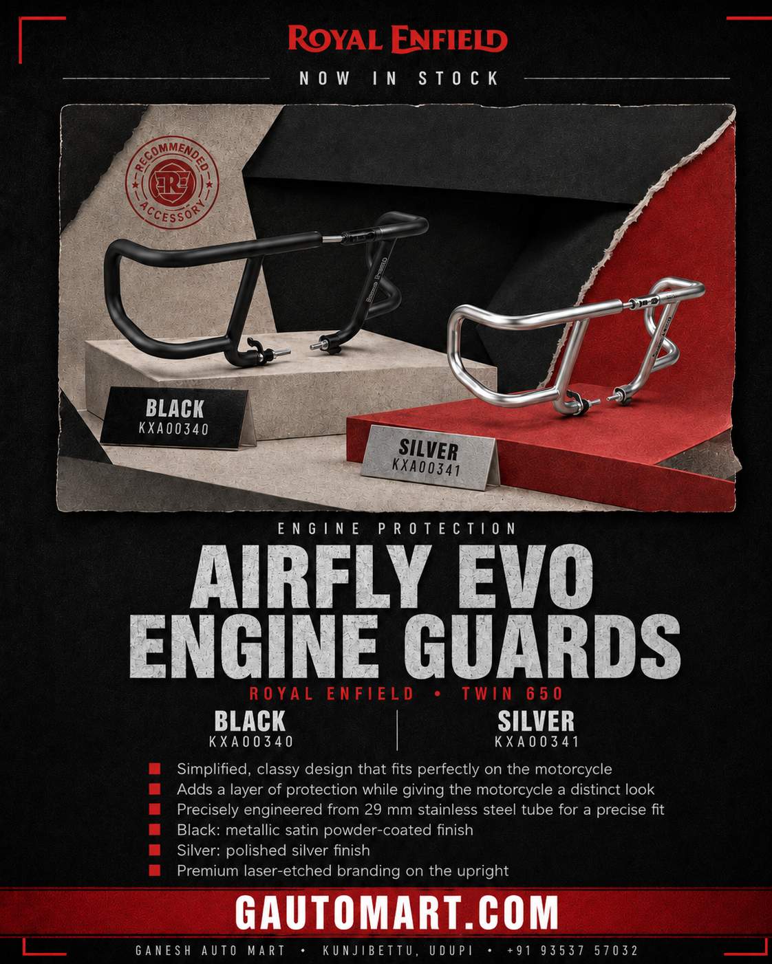 Promotional graphic for Royal Enfield Airfly Evo Engine Guards, showing two guards (one black, one silver) on display with product details and pricing text below.
